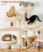 Heavy Duty Cat Tree for Indoor Cat, 71 Inch Large Cat Tower with Scratching Post and Top Perch, Hammock, Big Cat Condo for Adult Cats Kittens, PMT03BW, Beige