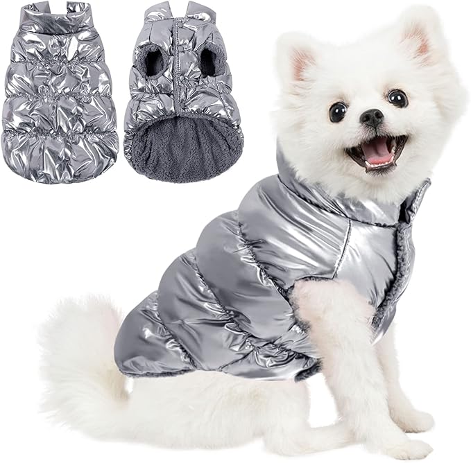 AOFITEE Dog Coat, Small Dog Coat Winter, Waterproof Dogs Jacket, Warm Fleece Dogs Snowsuit Pet Puffer Jacket, Windproof Pet Fleece Vest, Female Male Pets Cold Weather Coats Snow Jackets, Silver, L