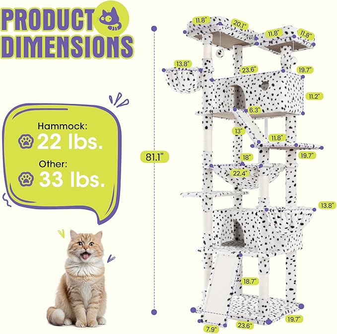 WEEWAY Cat Tree Tower for Indoor Cats,81'' Multi-Level Cat Furniture Activity Center,Stand House Condo Cave,Sisal Scratching Posts Ramps,Plush Perches Platforms Basket Hammock,White&Black Spot