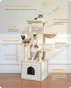 PETEPELA 56.7" Cat Tree with Litter Box Enclosure Large, Wood Cat Tower for Indoor Cats with Storage Cabinet and Cozy Cat Condo, Sisal Covered Scratching Post and Repalcable Dangling Balls, Beige