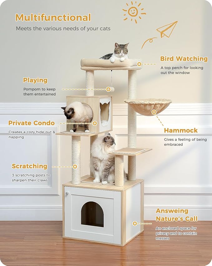 PETEPELA 56.7" Cat Tree with Litter Box Enclosure Large, Wood Cat Tower for Indoor Cats with Storage Cabinet and Cozy Cat Condo, Sisal Covered Scratching Post and Repalcable Dangling Balls, Beige