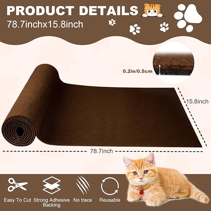 Cat Scratch Furniture Protector, 78.7"x15.8" Cat Scratching Mat, Trimmable Self-Adhesive Cats Claws Scratch Pads, DIY Carpet Mat Replacement for Cats Tree, Cats Wall Shelves, Brown