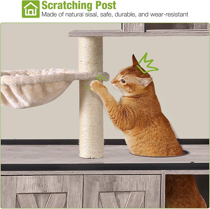 GUTINNEEN Cat Litter Box Enclosure Cat Tree with Hidden Litter Box Furniture with Scratching Post, Hammock, and Mat 57.5 Inch (Nature)