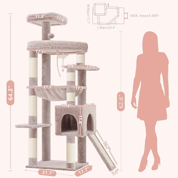 Heybly Heavy Duty Cat Tree, 64.2-Inch Tall Tower for Large Indoor Cats with Widened Structure, Cat Furniture with Big Platforms, Extra-Large Hammock, Sisal Scratching Posts & Board, Muchroom HCT027MU