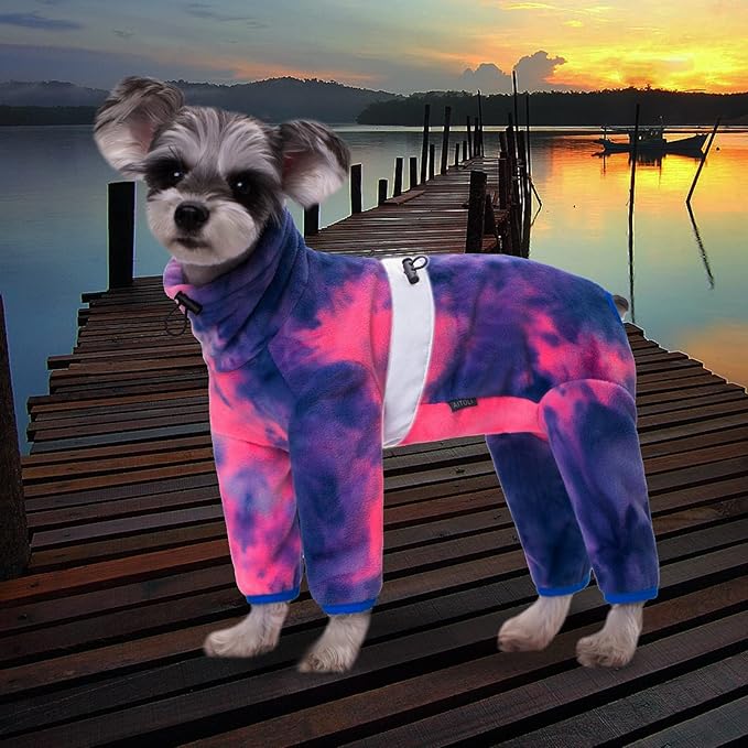 Dog Coats for Small Dogs, Polar Fleece Dog Pajamas Bodysuit, Puppy Onesies Tie Dye Jumpsuits, Dogs Warm Clothes Four-Legged, Doggie Fullbody Winter Jacket Vest