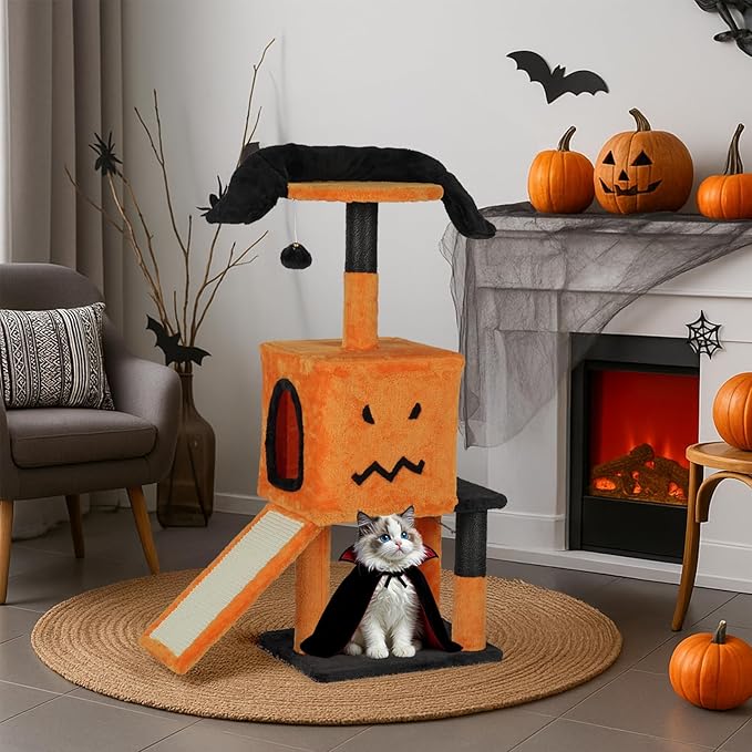 Outvita Halloween Cat Tree, 40" Cat Tower Cat Tree for Indoor Cats with Spacious Cat Condo, Sisal Scratching Posts, Hanging Toys, Orange & Black
