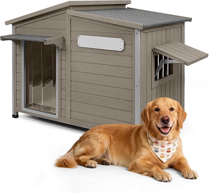 Outdoor Dog House Waterproof for Small to Medium Dogs Breeds with Openable Asphalt Roof, Anti-Chewing Iron Frame, Window, Weatherproof Indoor Outside (43.5" LX 29.5" WX 33.5" H)