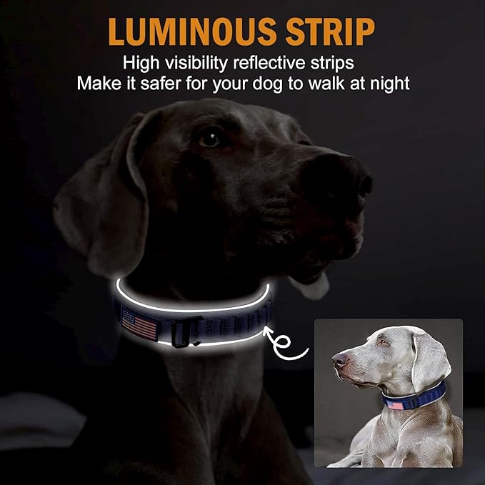 HYDEME Tactical Dog Collar, Alpine Loop Adjustable Military Training Nylon Dog Collars with Handle and Reflective for Small Medium Large Dogs, with Airtags Protective Case & Patches.(L,Deepblue)