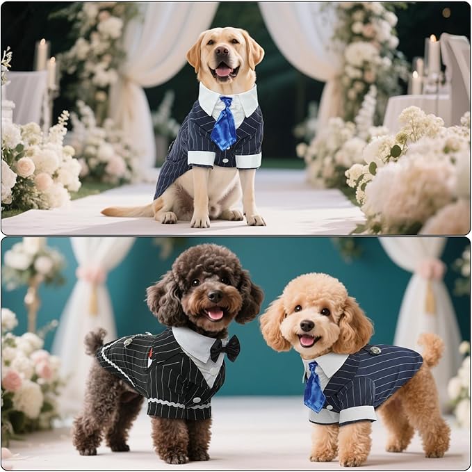DENTRUN Navy Blue Dog Tuxedo - Formal Pinstripe Pet Suit Shirt with Satin Tie, Elegant Wedding Outfit Birthday Party Attire for Siberian Husky Border Collie Large Dogs (Polyester), XL