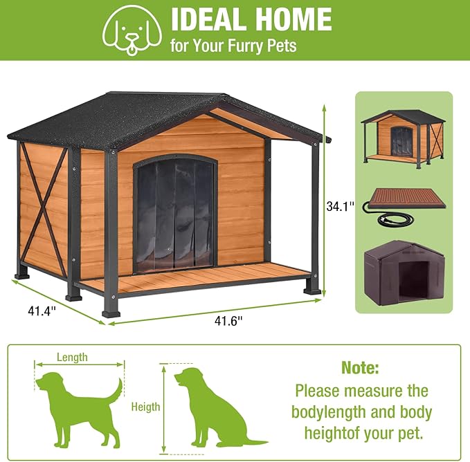 GUTINNEEN Extra Large Heated Dog House for Outside XL Insulated Dog House Outdoor Weatherproof Dog Kennel with Thermostat-Controlled Heating Pad, Thermal Liner, Chew-Proof Metal Frame for Large Breeds