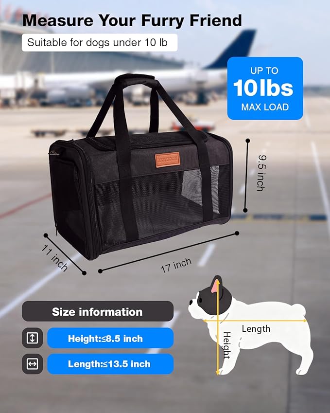 Pet Carrier Airline Approved 17x11x9.5 in - Underseat, Top & Side Entry Soft Dog Cat Travel Carrier with Safety Zippers ＆ Anti-Scratch Mesh for Small Cat and Dog for Pets Up to 10 Lb - Black