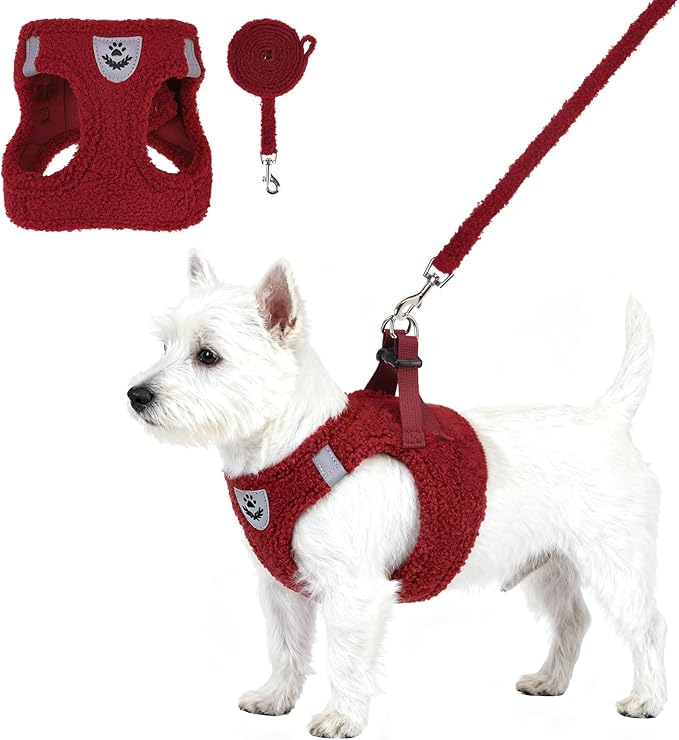 KOOLTAIL Christmas Plush Small Dog Harness and Leash Set, Warm Fleece No Pull Puppy Vest for Winter, Lightweight Reflective Step in Pet Harness for Medium Sized Dogs Boy Girl Outdoor Walking, Red M