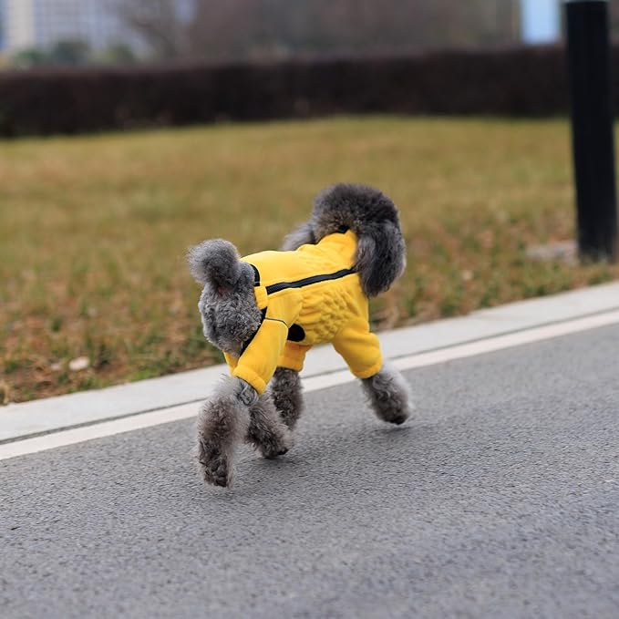 Lovelonglong Warm Dog Coat, Windproof Dog Jacket for Small Medium Large Dogs, 4 Legged Fleece Dog Winter Coat Zippered Closure Dog Outdoor Jacket Yellow S