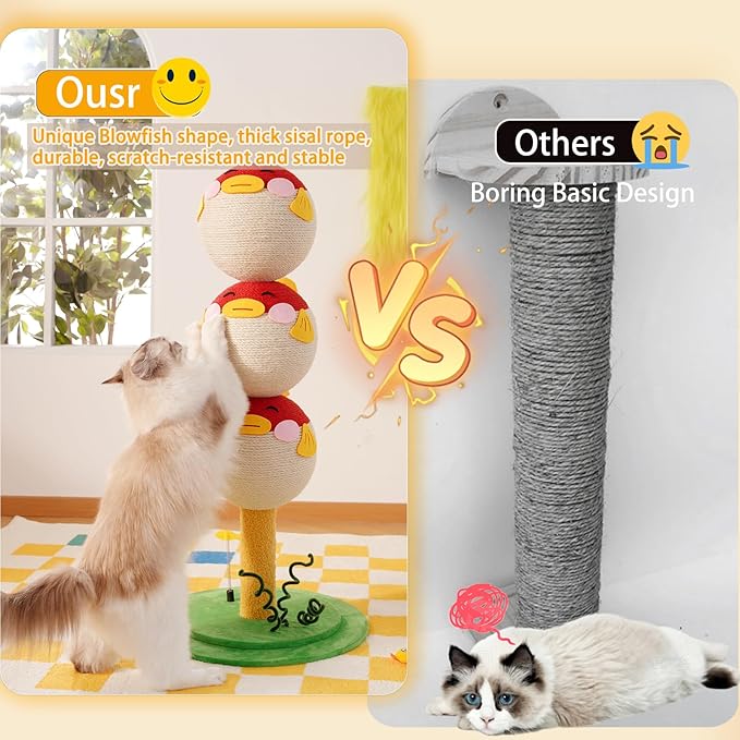 Cute Cat Scratching Post - 31.5" Tall Indoor Cat Tree Tower with Sisal Rope and Interactive Cat Toys, Featuring a Sturdy Base for Kittens and Adult Cats to Stretch Vertically