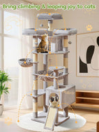 Taoqimiao 76-Inch Cat Tree XXL for Large Cats, Giant Cat Tower with Scratching Board, Extra-Large Metal Hammock, 3 Perches, 7 Sisal Posts, 2 Big Condos, Hanging Basket, Light Gray, MS047W