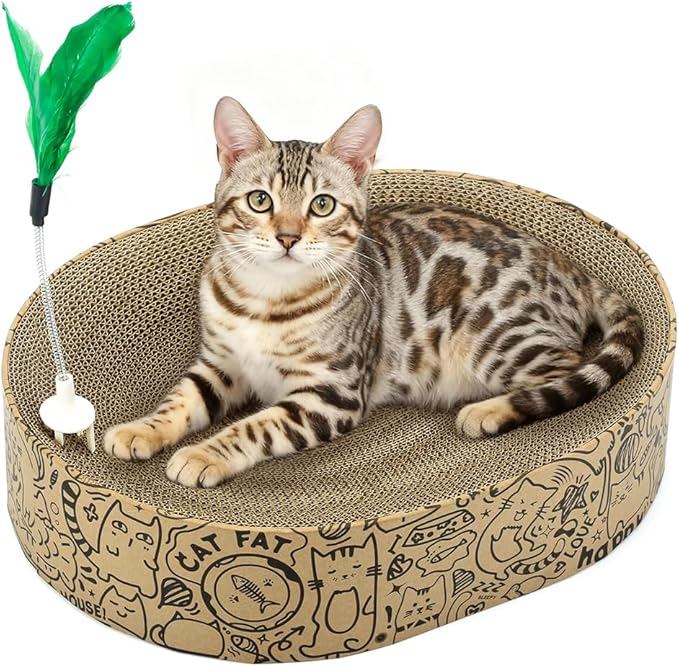 Cat Scratcher Cardboard 2in1 Oval Cat Scratcher Bed for Indoor Cats Cat Scratch Pad Bowl with Scratching Toy Corrugated Lounge Bed&Furniture Protector &Training Toy XL（Black）