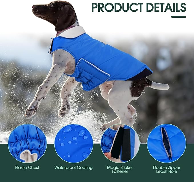 Kuoser Dog Coat Large, Cold Weather Reflective Waterproof Dogs Jacket with Warm Fleece Lining, Turtleneck Dog Winter Coat with Zipper, Doggy Snow Jacket Pet Coats for Small Medium Large Dogs, Blue L