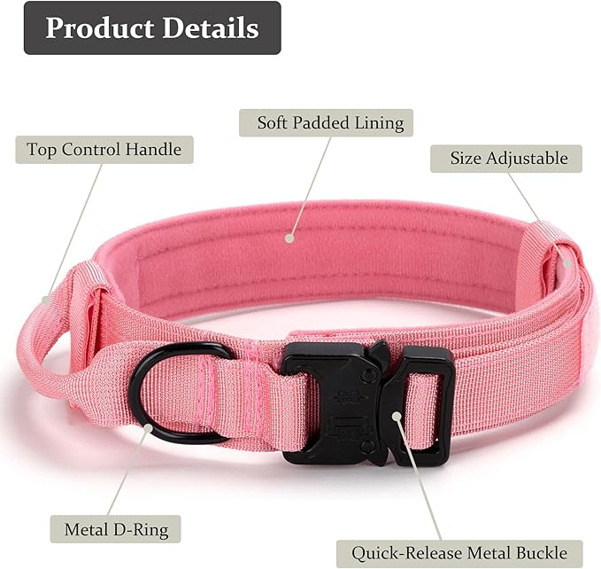Tactical Dog Collar, Adjustable Military Training Nylon Dog Collar with Control Handle and Heavy Quick-Release Metal Buckle for Small Medium Large Dogs, Light Pink XL