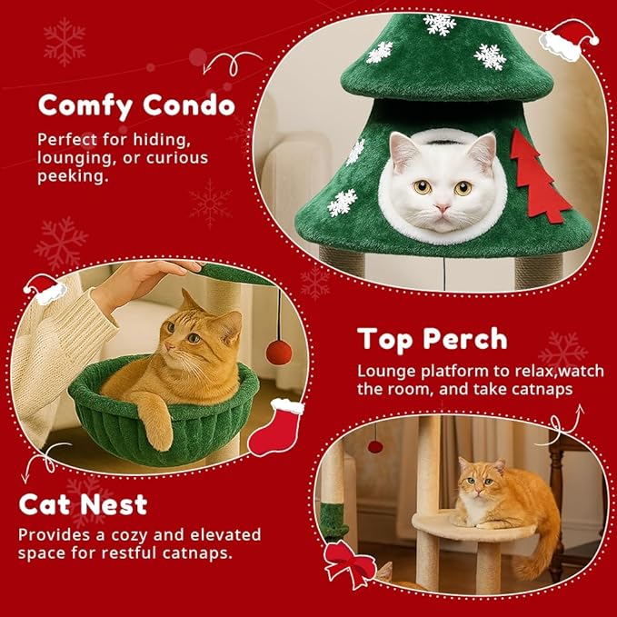 LUCKLIFE 48" Christmas Cat Tree with 2 Cozy Houses,Indoor Modern Cats Tower with Anti-Tip Kit,Plush Perches & Hanging Balls,Holiday Cat Climbing Furniture for Kittens to Play and Sleep
