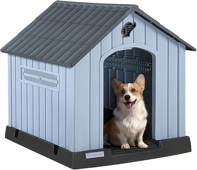 PUKAMI Dog House Outdoor Indoor for Medium Large Dogs, Plastic Dog House Weatherproof, Sturdy Puppy Shelter with Air Vents and Elevated Floor, Easy Clean and Assemble (Grey, 31.5"D x 33.5"W x 33.9"H)