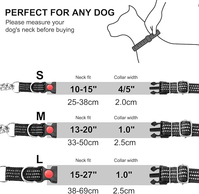 Martingale Collars,Reflective Dog Collar,Side Release Buckle,Adjustable Chain Training Pet Collars (Black, S,Neck 10"-15")