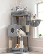 Heybly Cat Tree, 45.3-Inch Cat Tower for Indoor Cats with Large Perch, All-in-One Cat Furniture with Cozy Bed, Hidden Space Cat Condo, Comfy Hammock, Scratching Posts & 3 Pompoms, Light Gray HCT202SW