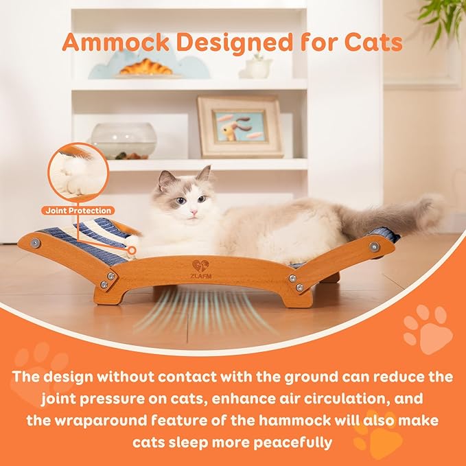 Extra-Larger Sisal Cat Scratcher Bed, Durable Cat Scratching Post with Hammock for Indoor Cats Lounger & Sleep & Scratch, Natural Sisal Cats Scratch Pad, Sturdy Solid Wood Frame (BeigeBlue)