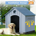 PUKAMI Large Dog House Outdoor Indoor, Plastic Dog House Weatherproof for Large Dogs, Sturdy Puppy Shelter with Air Vents and Elevated Floor, Easy Clean and Assemble (Blue, 31.5"D x 33.5"W x 33.9"H)
