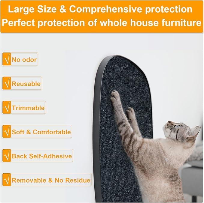 Large Cat Scratching Mat, 118"x15.8" Self-Adhesive Cat Scratch Furniture Protector, Trimmable DIY Cat Wall Climbing Carpet, Cat Couch Protector, Cat Scratching Pad Replacement (Dark Gray, 30 Nails)