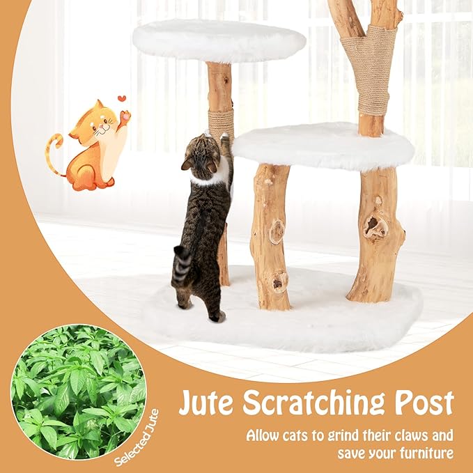 PETSITE 44 inch Wood Cat Tree, Modern Wooden Cat Tower with Jute Scratching Posts, Top Perch, Soft Long Plush and Dangling Ball, Pear Wood Branches Cute Cat Tree for Indoor Cats