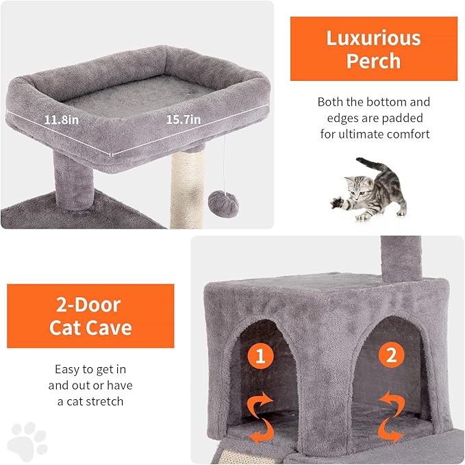 BestPet 36 inches Cat Tree for Indoor Cats Cat Tower with Scratching Posts Multi-Level Cat Furniture Condo with Ramp, Perch Spacious Cat Cave & Funny Toys for Kittens House (Ashy)