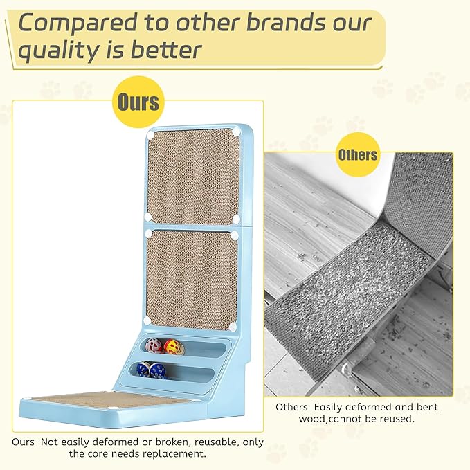 Cat Scratcher Cat Scratch Pad L Shape Wall Mounted Dual Use (Vert/Horiz) Kitten Bunifa Scratching Card Board Vertical Post with Ball Toys Feathers,Protecting Furniture Core is Replaceable Large Blue