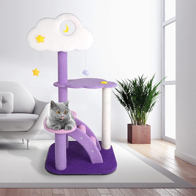 Lucky Monet 43 Inches Cat Tree Tower for Indoor Cats, 3-Layer Purple Cute Purple Pink Cat Tree Unique Cat Condo with Scratching Post