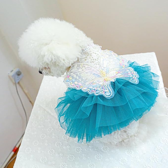 Fashion Sweet Puppy Dog Blingbling Princess Skirt Pet Dog Lace Cake Camisole Tutu Dress B-Blue L