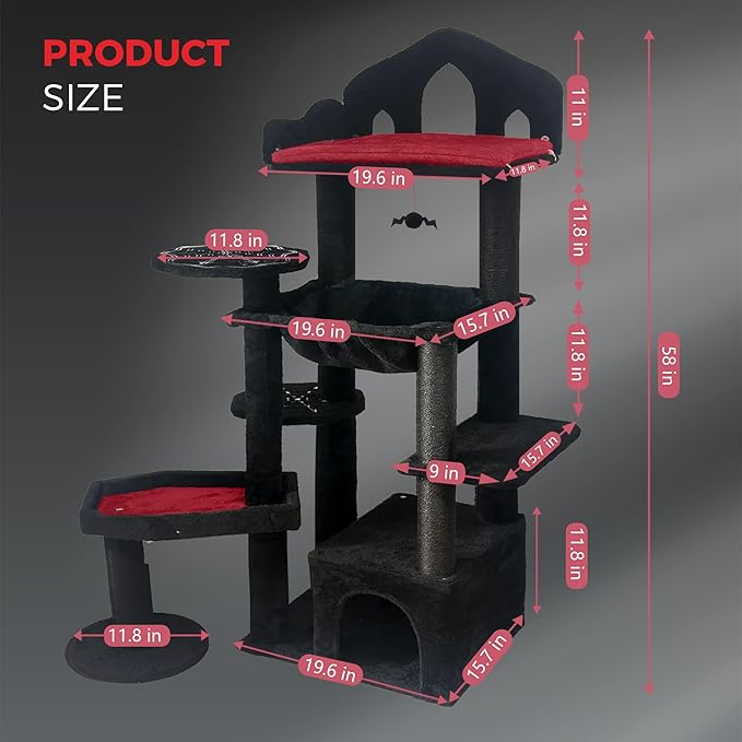 Gothic Cat Tree Tower 58" - Spooky Cat Condo with Throne Bed, Hanging Bat, Sisal Scratching Posts & Multi - Level Platforms, Elegant Black Cat Furniture for Indoor Cats