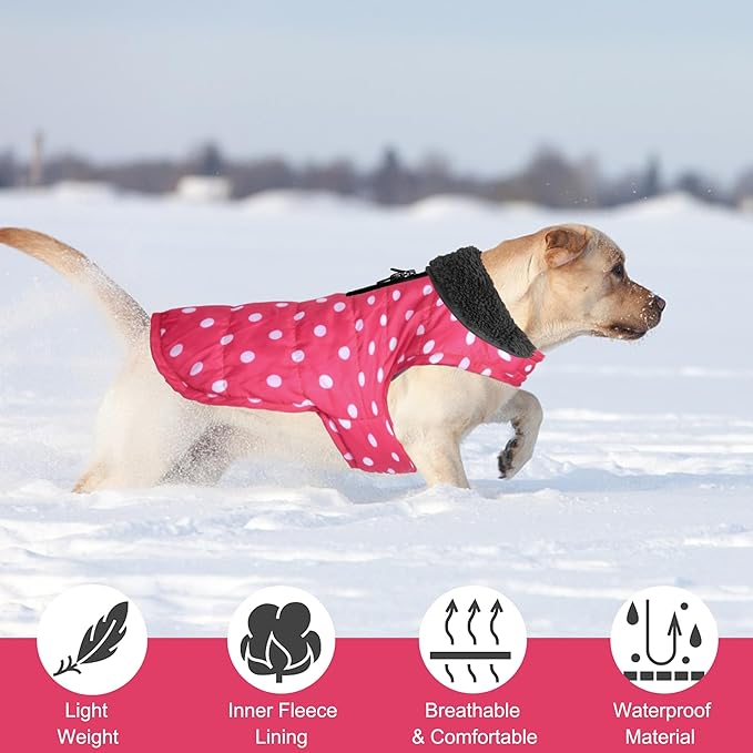 Dog Winter Coat, Waterproof Dog Jacket with Leash Hole, Reflective Adjustable Pet Snow Vest, Warm Fleece Sweater for Small Medium Large Dogs - Pink Polka Dot, XL