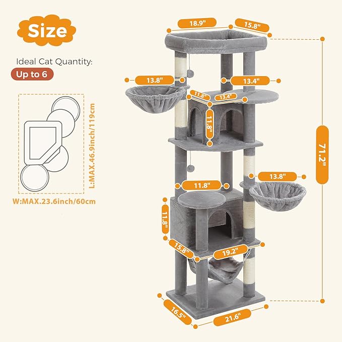 71.2" Tall Cat Tree for Indoor Cats Adult, 9-Levels Large Cat Tower with 5 Sisal Posts, 3 Hammocks, 2 Codons, Big Perch & 3 Pom Poms for Multi Cats Household– Plush Gray