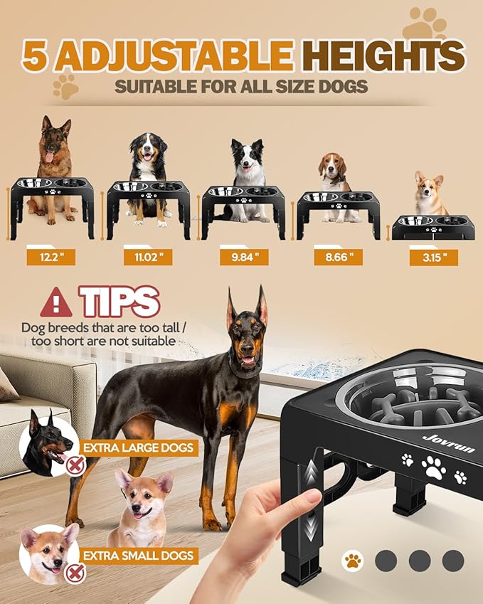 Elevated Dog Bowls for Medium Size Dogs, Non-Slip Dog Feeder with 1*Stainless Steel Dishes & 1*Slow Feeder Bowl, 5 Heights Adjustable Raised Bowls to 3.15″-8.66″-9.84″-11.02″-12.2″