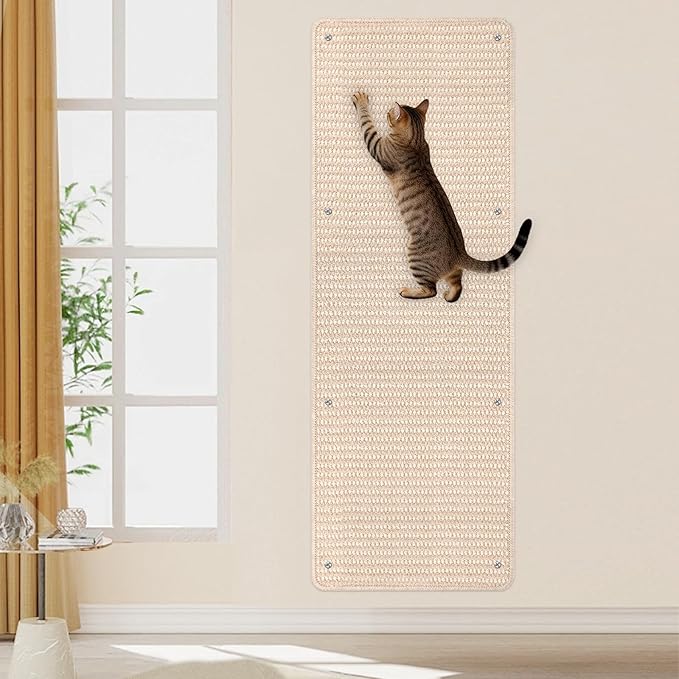 FHTONGE 39.4x15.8 Thickened Cat Wall Climbing Carpet with 16 Fixed Nails, Extra Large Tall Cat Scratch Pad for Wall, Wall Mounted Climbing Cat Scratcher for Furniture Couch Sofa Protector(Oat Color)