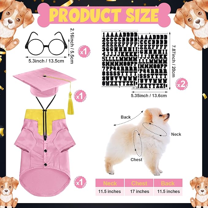 5 Pcs Dog Graduation Costume Set Include 2026 Pet Graduation Gown with Stole Puppy Grad Cap Lensless Glasses DIY Letter Stickers for Dogs Cats Holiday Costume Accessory(Pink Yellow,S)
