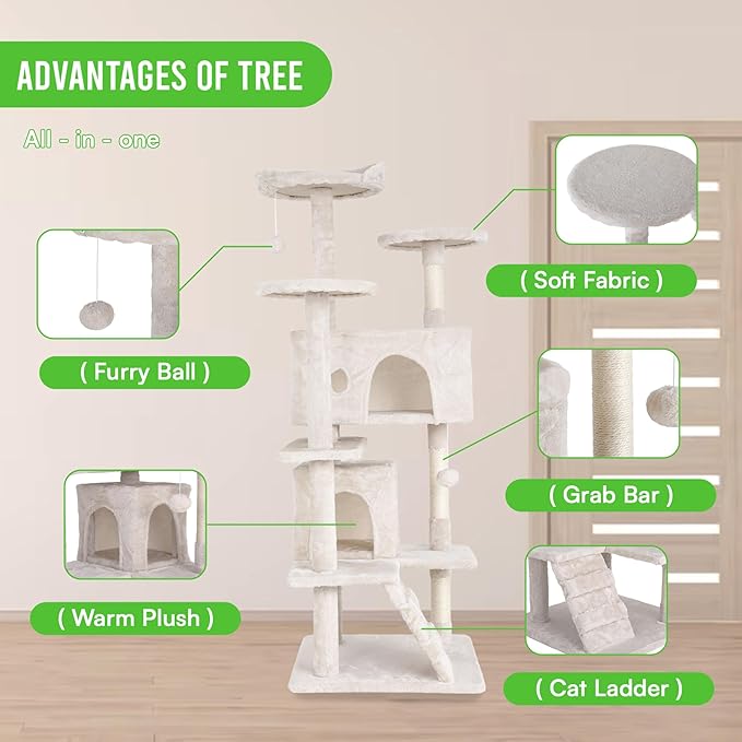 24/7 Shop at Home Court 54 inch Multi-Level Cute Cat Tree Tower with Dangling Ball and Scratching Posts for Indoor Cats Adults, Kitten Supplies, Pet House, Beige