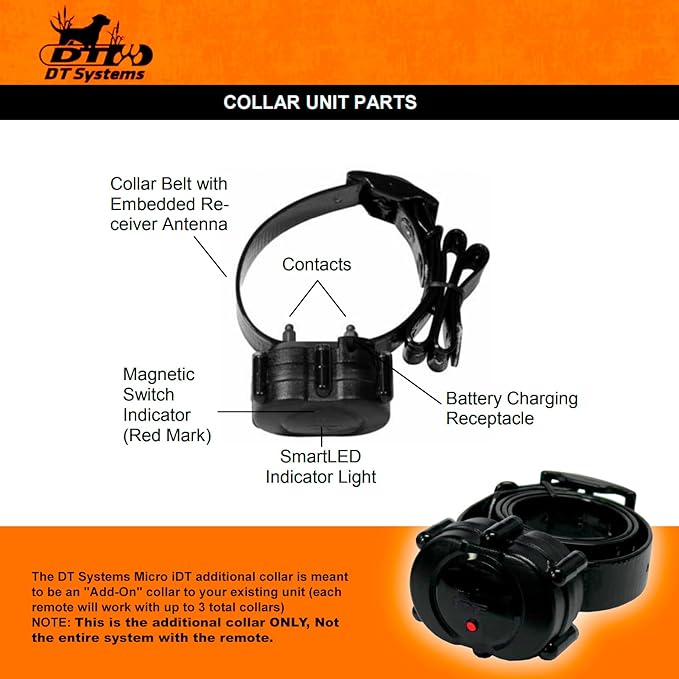 DT SYSTEMS Micro iDT Additional Collar for DT Systems Micro iDT Plus Dog Training System, 6-22" Adjustable Replacement Add-On E-Collar - Black