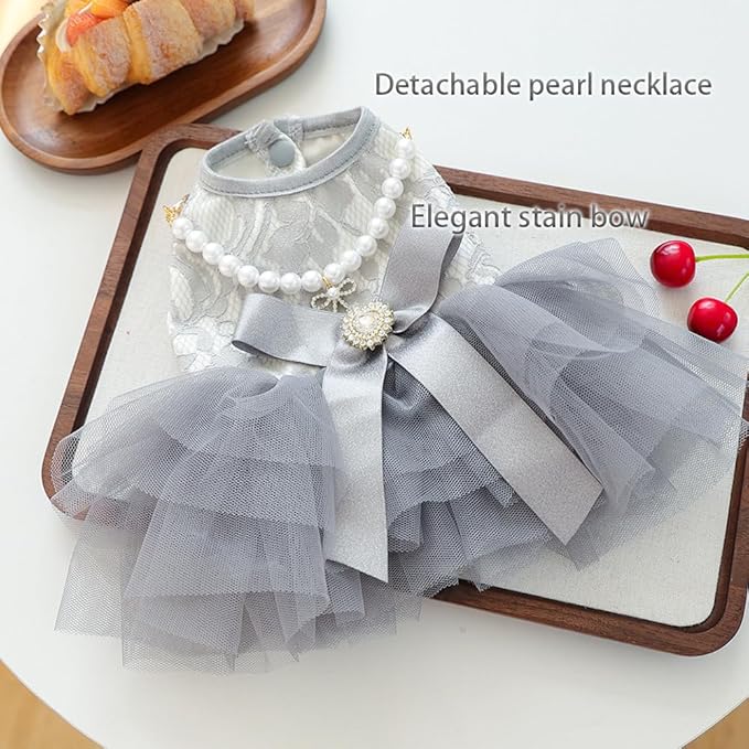 ANIAC Gray Dog Dress for Small Dogs Female,Bow Knot Girl Puppy Clothes with Detachable Pearl Necklace, Elegant Cat Dress, Formal Pet Pary Outfit for Wedding Birthday Valentines (Gray, X-Small)