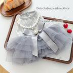 ANIAC Gray Dog Dress for Small Dogs Female,Bow Knot Girl Puppy Clothes with Detachable Pearl Necklace, Elegant Cat Dress, Formal Pet Pary Outfit for Wedding Birthday Valentines (Gray, X-Small)