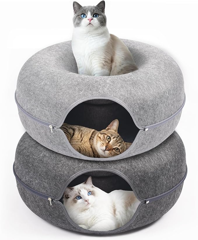 Cat Caves for Indoor Cats, Large Cat Tunnel for Multiple & Large Cats, Scratch Detachable Peekaboo Cat Cave Bed, Kitten Donut Kitty Hideaway Up to 45 Lbs