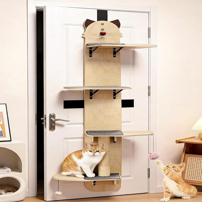 66" Over-the-Door Cat Tree for Indoor Cats, Solid Wood 4-Tier Cat Tower with Scratching Post, Space-Saving Cats Climber for Apartment, No-Drill Hanging Installation 170cm