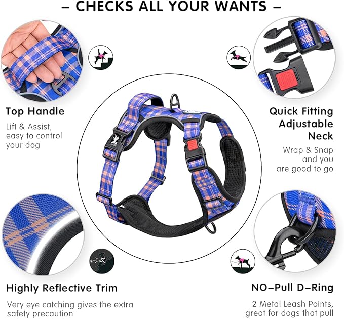 PoyPet No Pull Dog Harness, Reflective Adjustable No Choke Pet Vest with Front & Back 2 Leash Attachments, Soft Control Training Handle for Small Medium Large Dogs(Checkered Blue & Orange,XL)