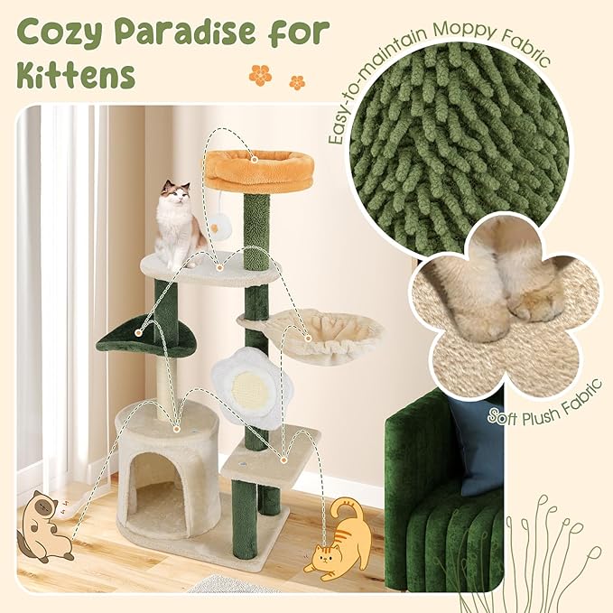 Tangkula Flower Cat Tree, Cute Cat Tower with Plush Top Perch, Cozy Condo, Sisal Scratching Post & Board, Dangling Ball, Curved Platform, Hammock, Floral Cat Tree for Indoor Cats