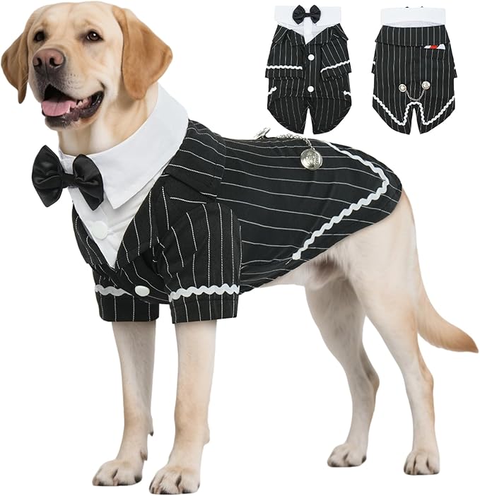 DENTRUN Dog Tuxedo Suit with Bow Tie - Formal Black & White Striped Pet Costume Shirt, Elegant Wedding Outfit Birthday Party Attire for Golden Retriever Husky Border Collie Large Dogs, XXL