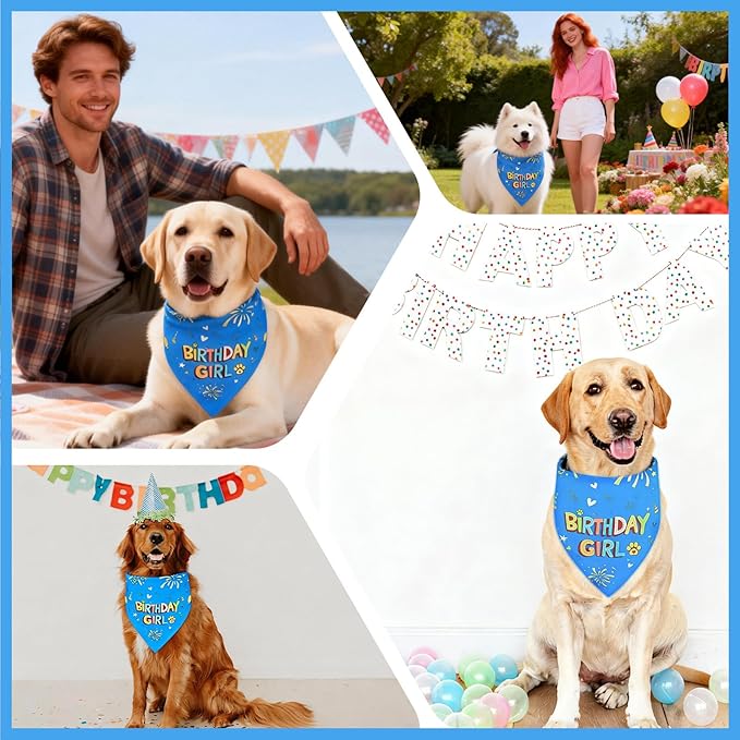 SZEE Dog Birthday Bandana, Reversible Bandanas for Dog Birthday Outfits, Pet Apparel & Accessories, Triangle Pet Scarf for Photo Prop and Holiday Decor (X-Large, Blue)